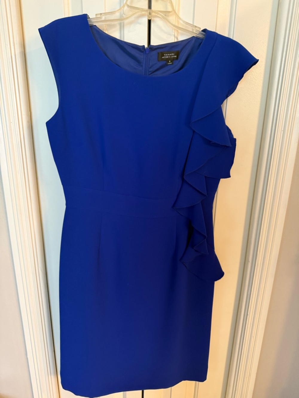 Tahari ASL Cobalt Blue Ruffle-Trim Sheath Dress